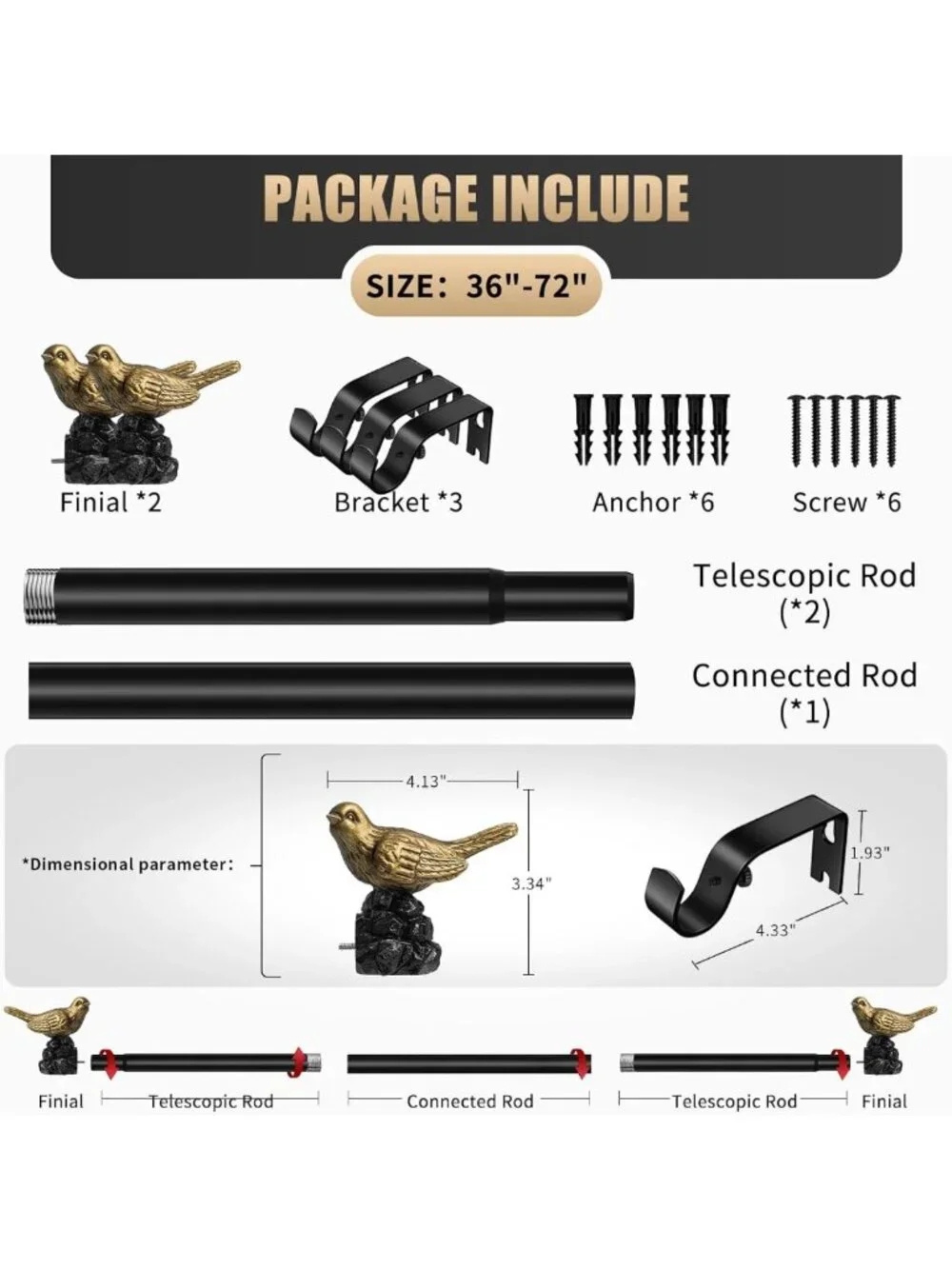 Vintage Gold Adjustable Curtain Rod 36-72